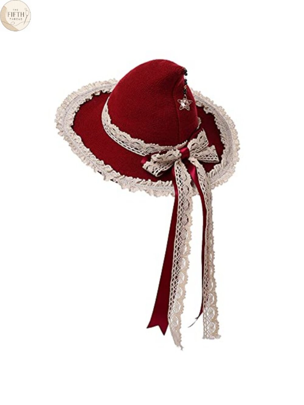 Wool Knit Witch Hat Costume Headwear Wide Lace Brim Bowknot